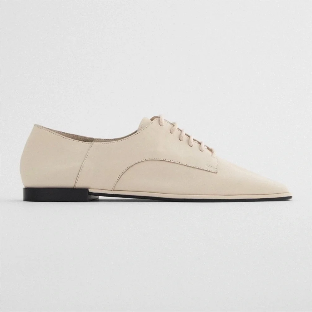 Zara Elegant Cream Women's Leather Lace Up Square Toe Oxford Shoes 39 (US 8) - Picture 2 of 6